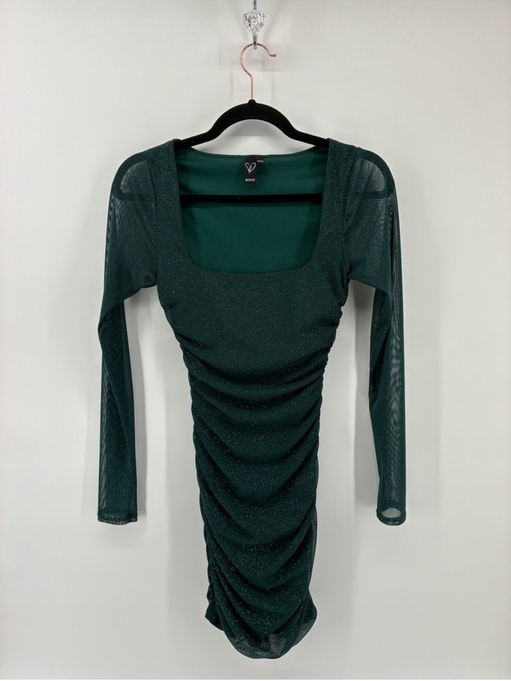 Dark Green Ruched Square-Neck Long Sleeve Dress